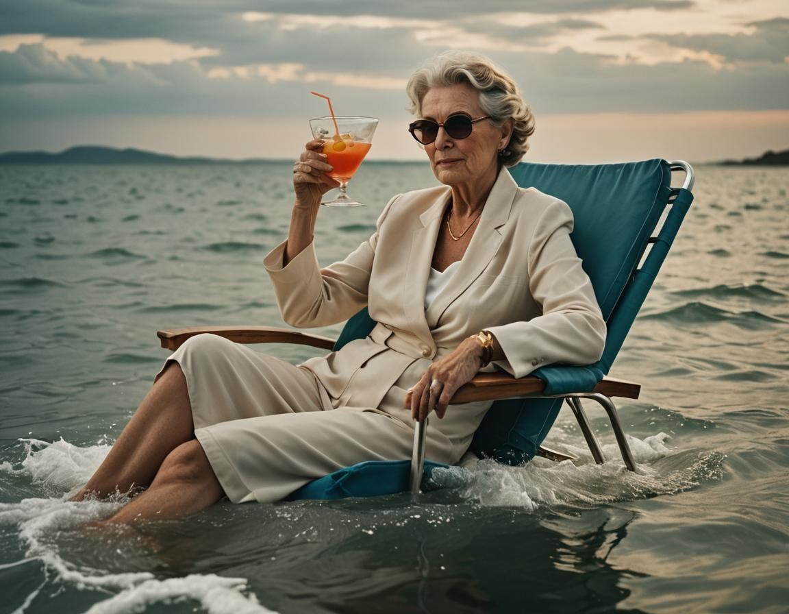 Elegant Woman Enjoys Cocktail on Floating Beach Chair
