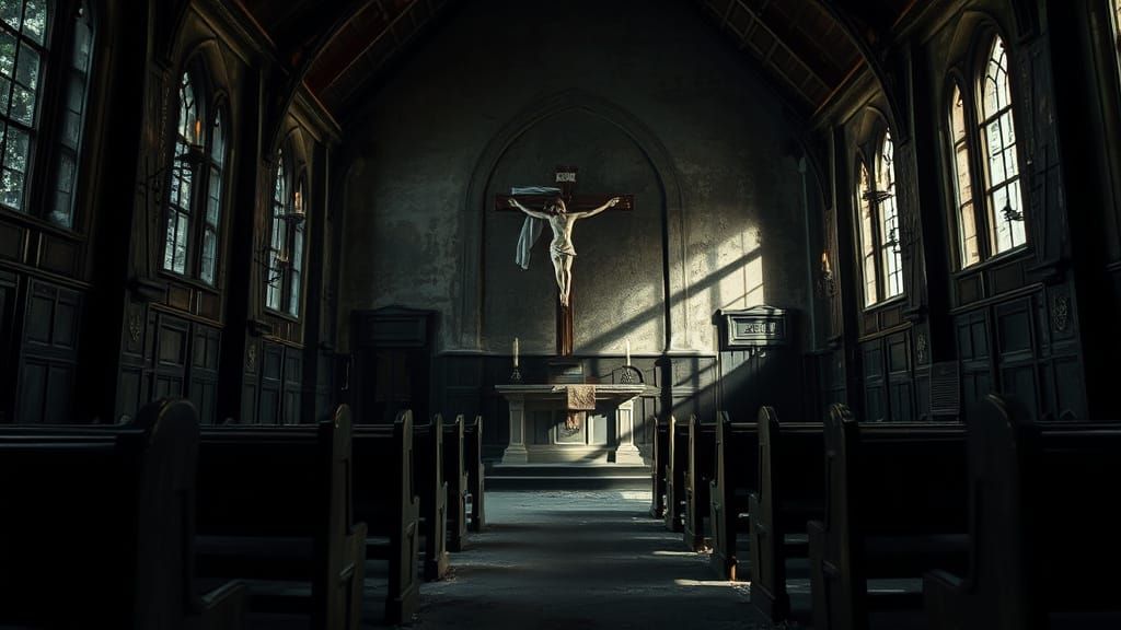 Eerie Abandoned Chapel with Burning Candles
