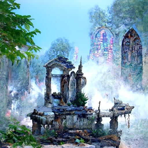 Ruined Temple with Corpses in Dark Fantasy Style