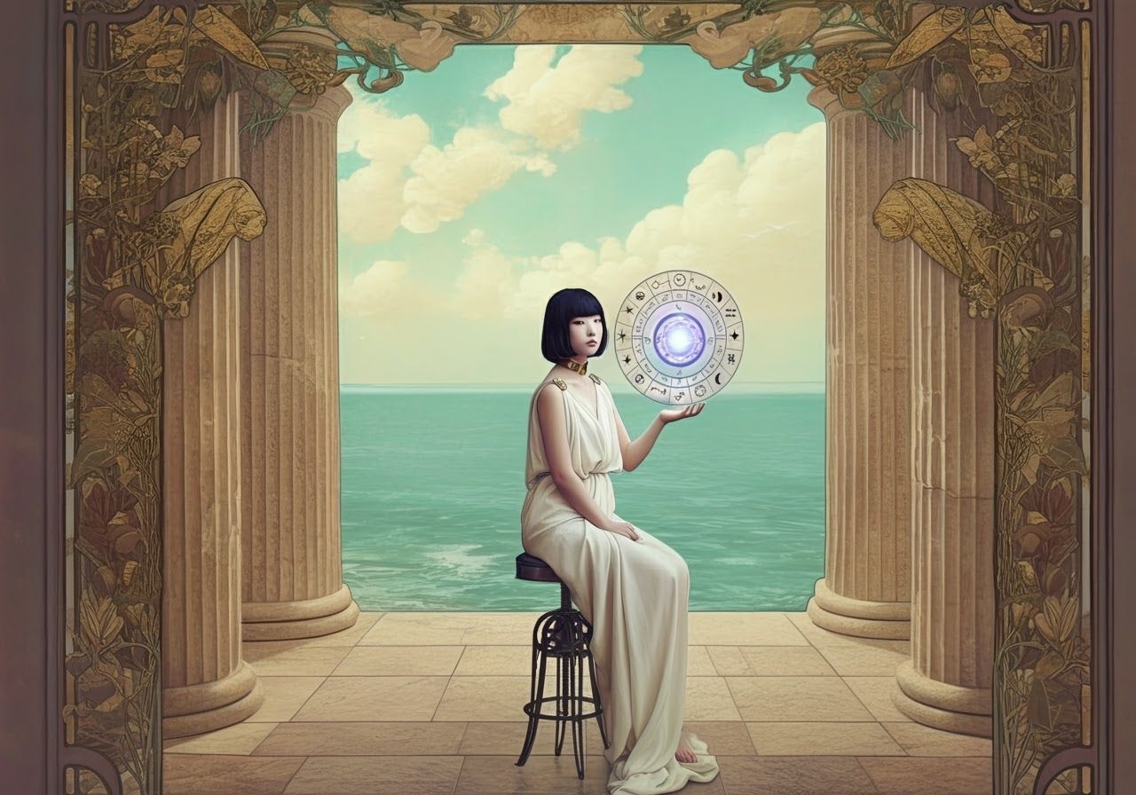 Greco-Roman Temple Scene with Korean Woman and Celestial Orb