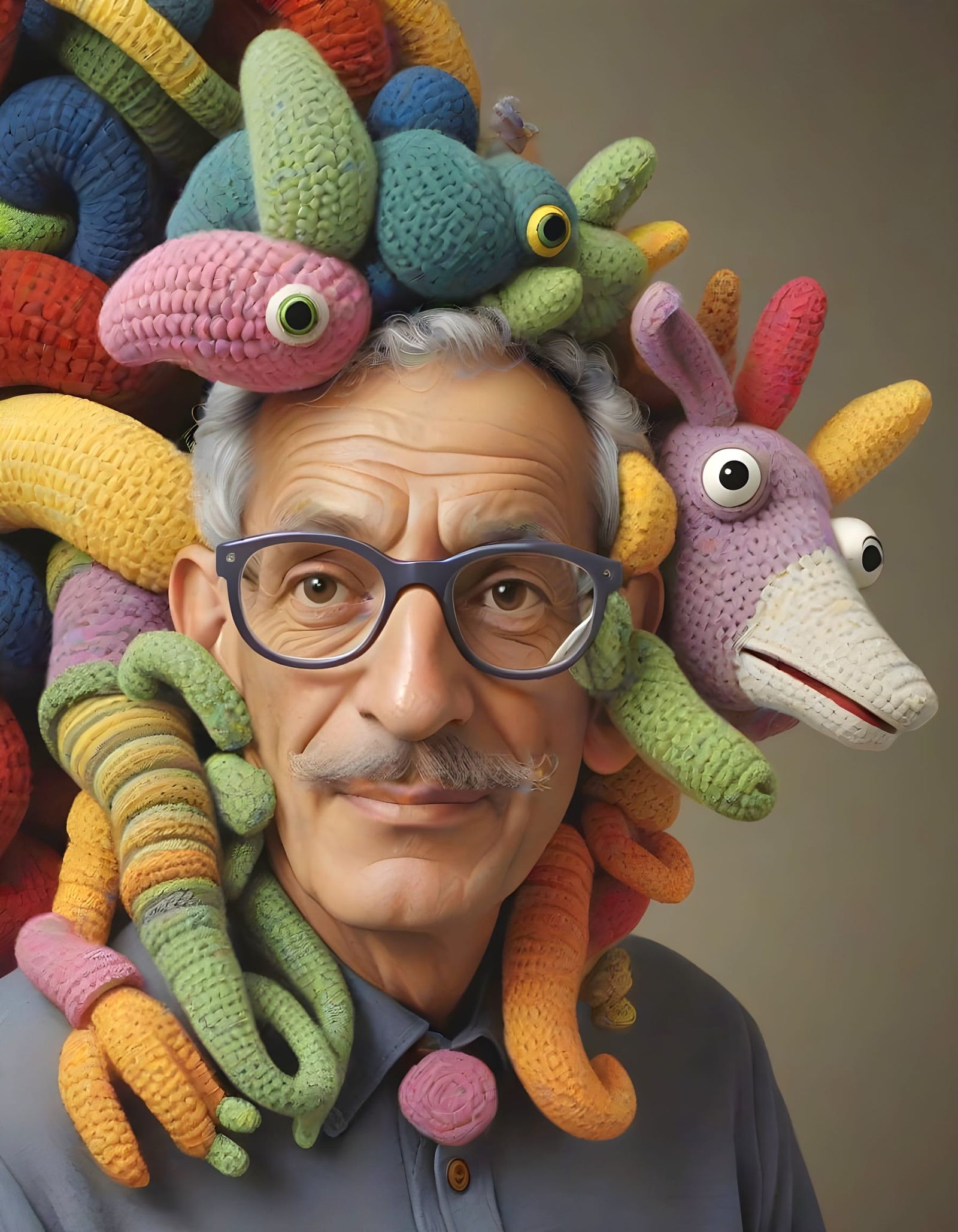 Surreal Crocheted Stuffed Animal Man: Modern Art
