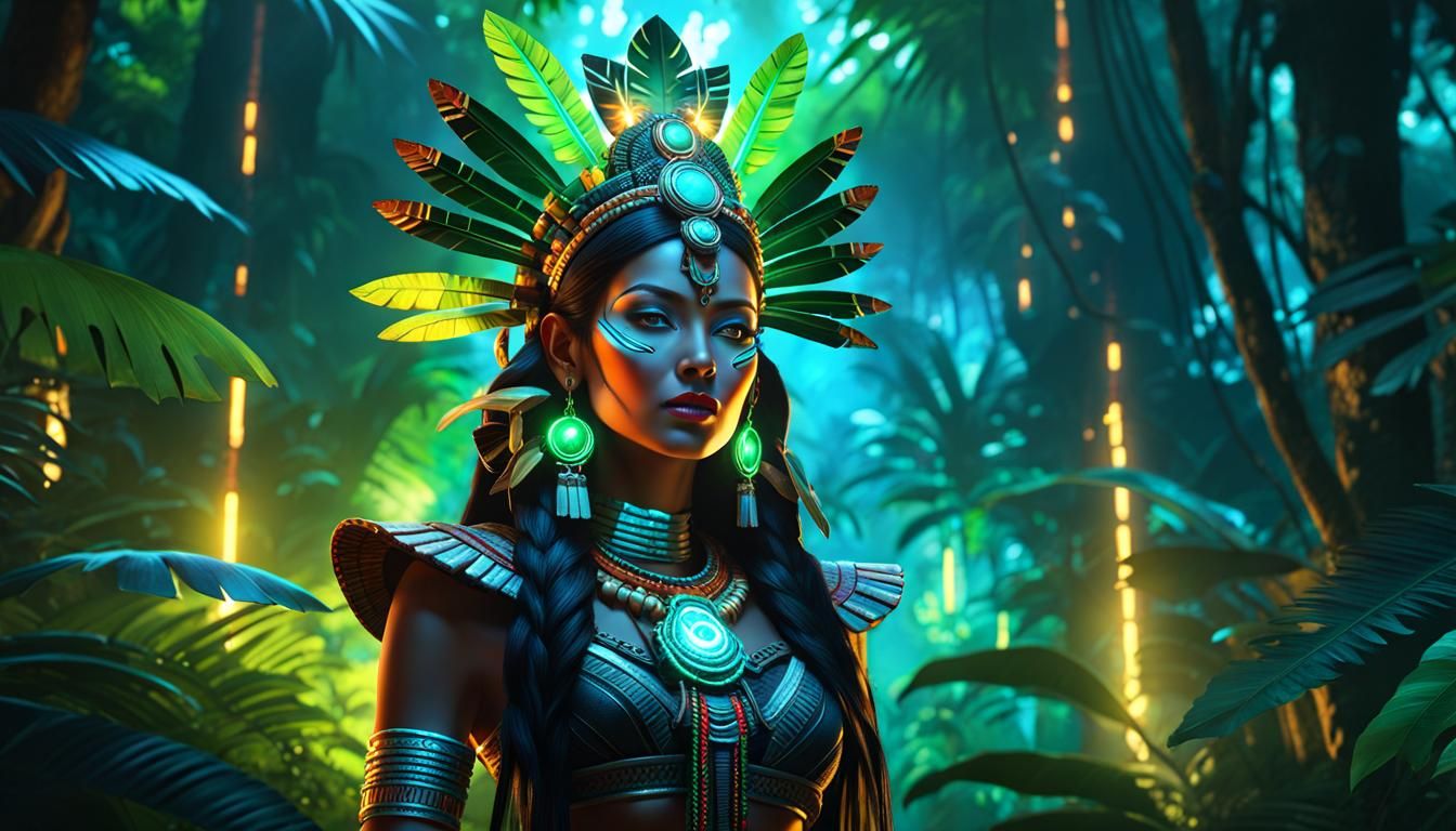 Dark Jungle Mayan Queen in Nuclearpunk Style