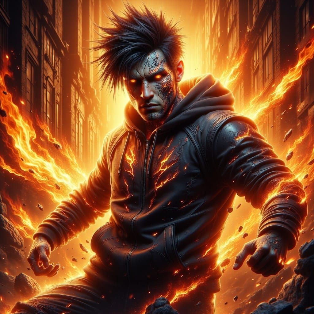 Anime Style Black Man with Fire Powers