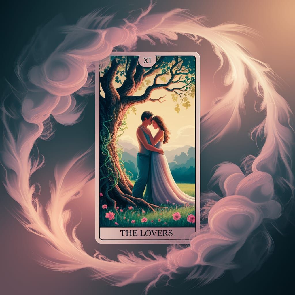 Tarot Card in Ethereal Mist, The Lovers in Soft Digital Art
