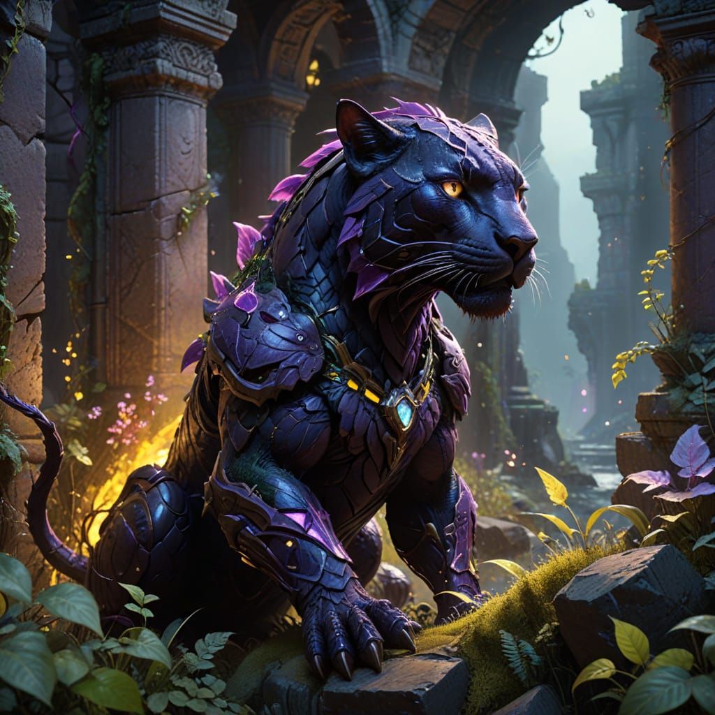 Bioluminescent Shadow Panther in Ancient Ruins