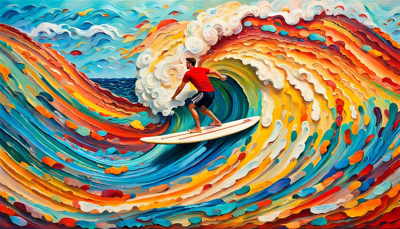 Surreal Surfer Rides Impasto Painted Wave