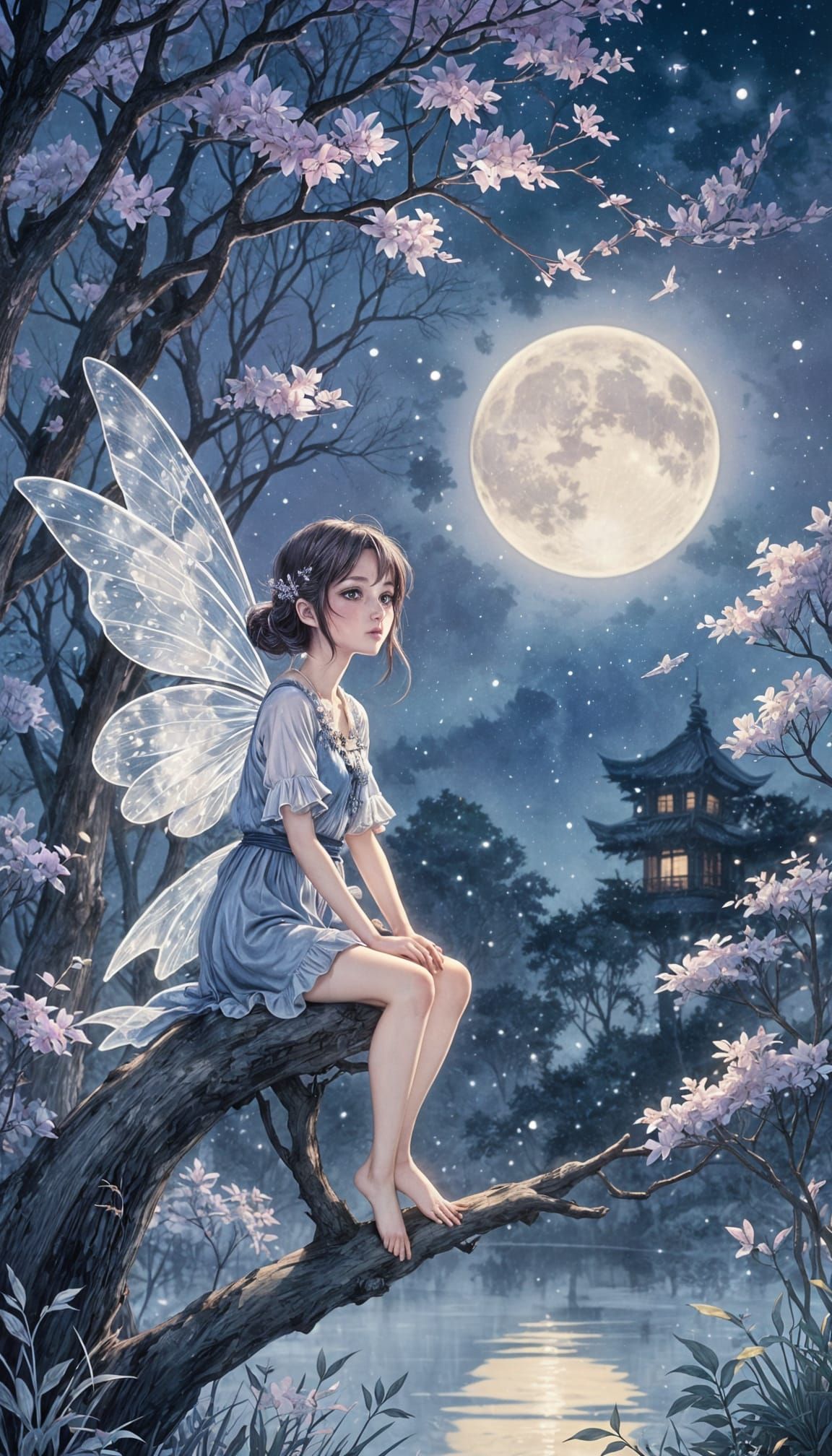 Anime Fairy Shimmers in Moonlight