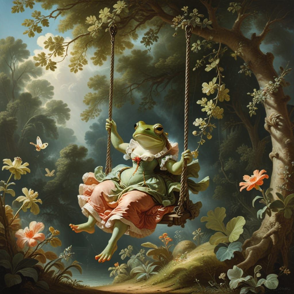 Ethereal Frog Maiden Swings in Serene Landscape
