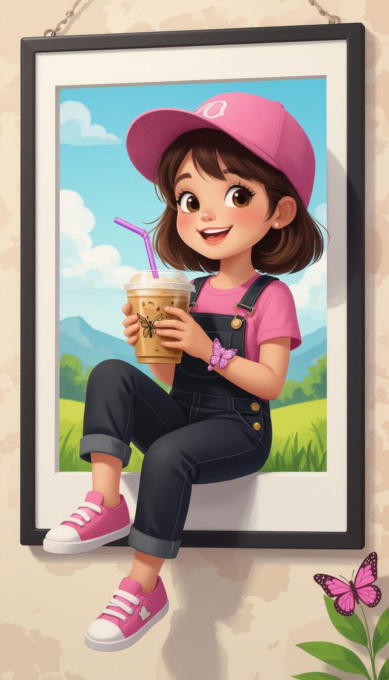 Stylized 3D Girl with Coffee on Polaroid Frame