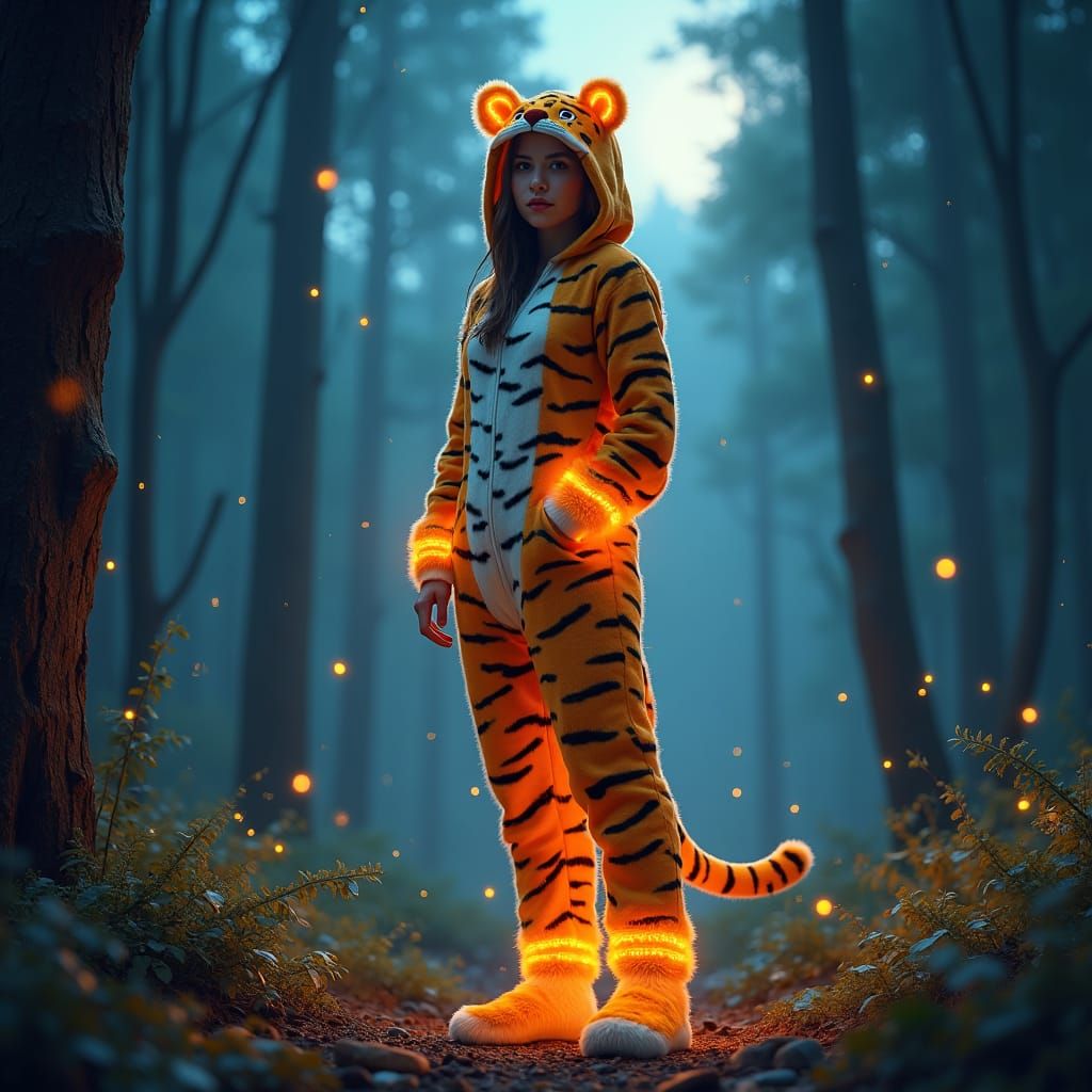 Mystical Tiger Woman in Moonlit Forest