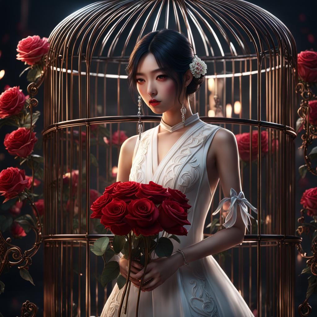 Japanese Girl with Rose in Cage, Detailed Digital Art