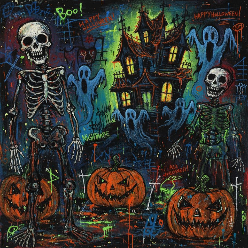Neo-Expressionist Halloween Street Art with Skeletal Figures
