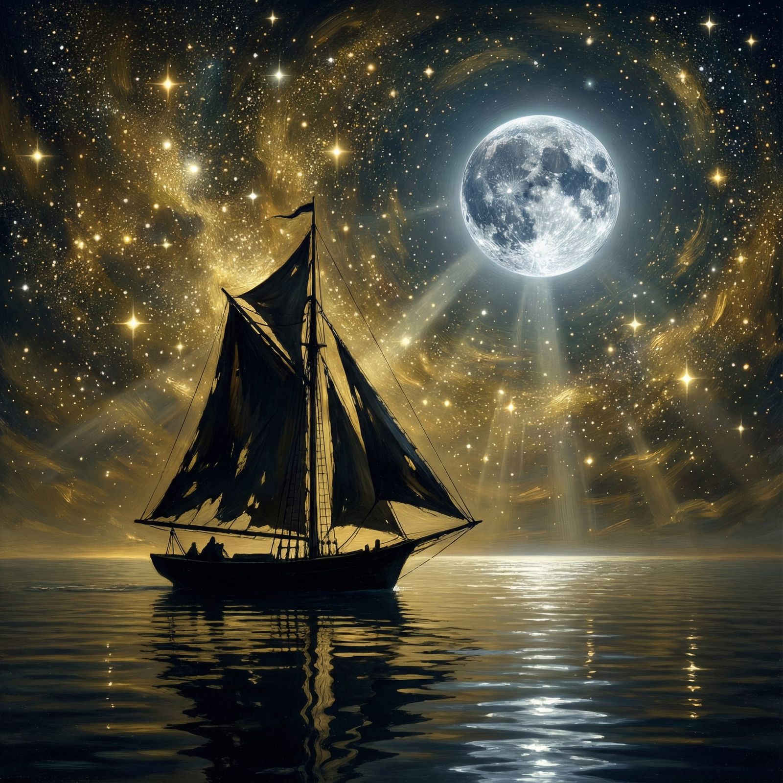 Impressionist Sailboat Under Neon Moon