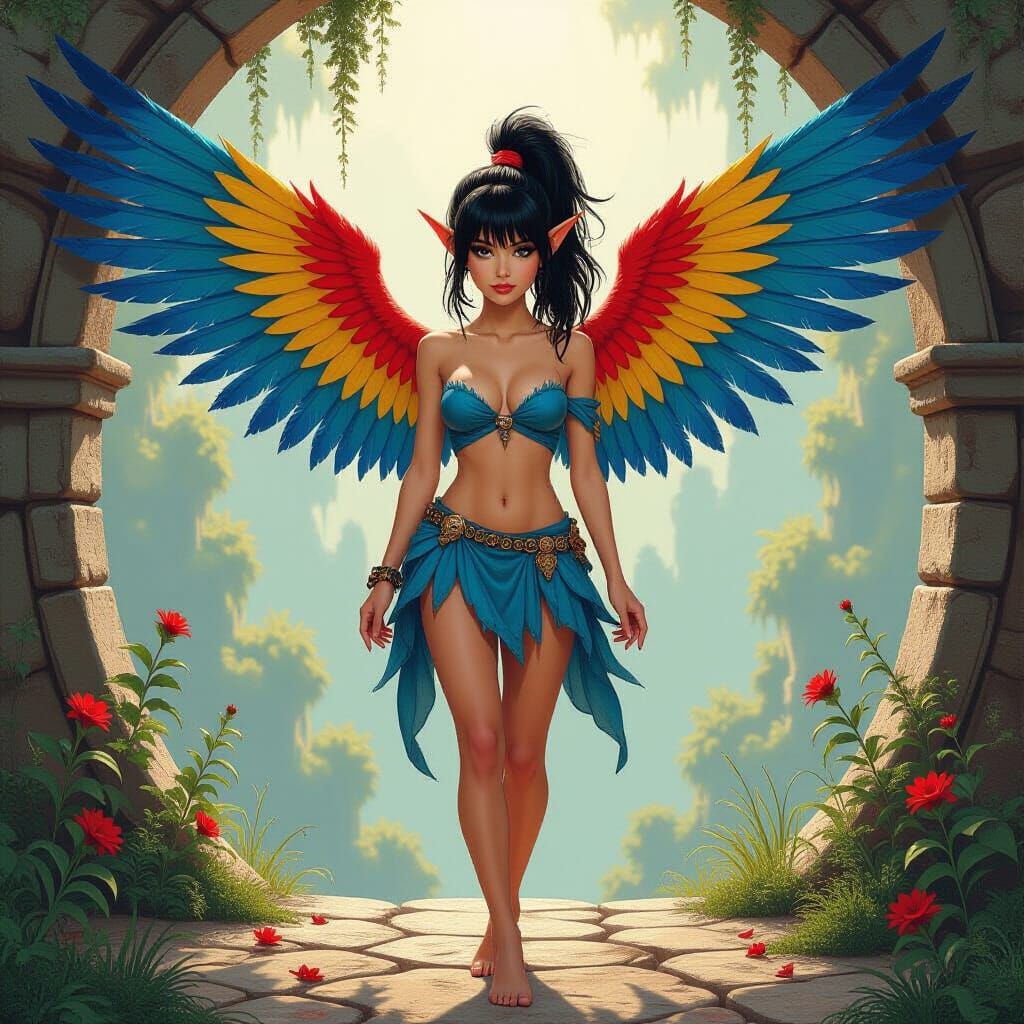 Fantasy Elf with Feathered Wings Oil Painting