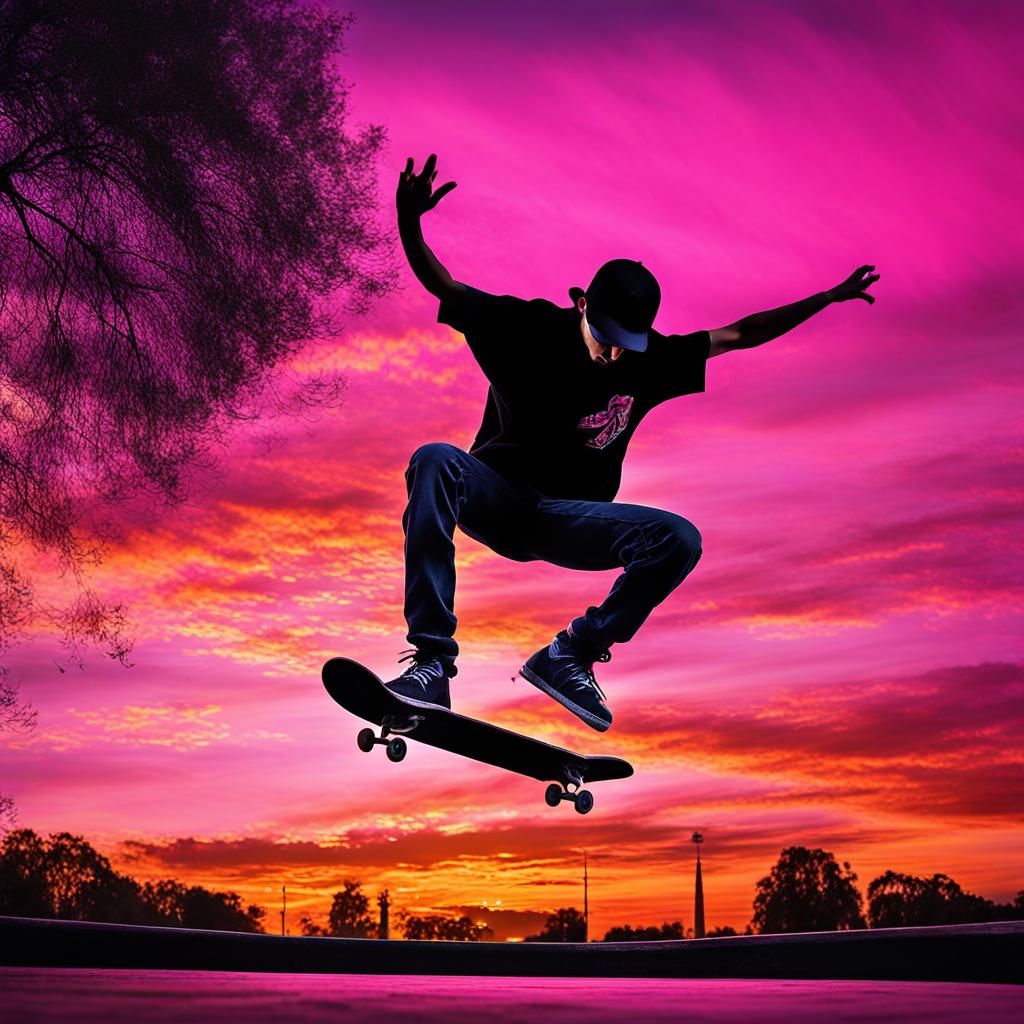 Skateboarder Silhouette at Sunset in High Resolution
