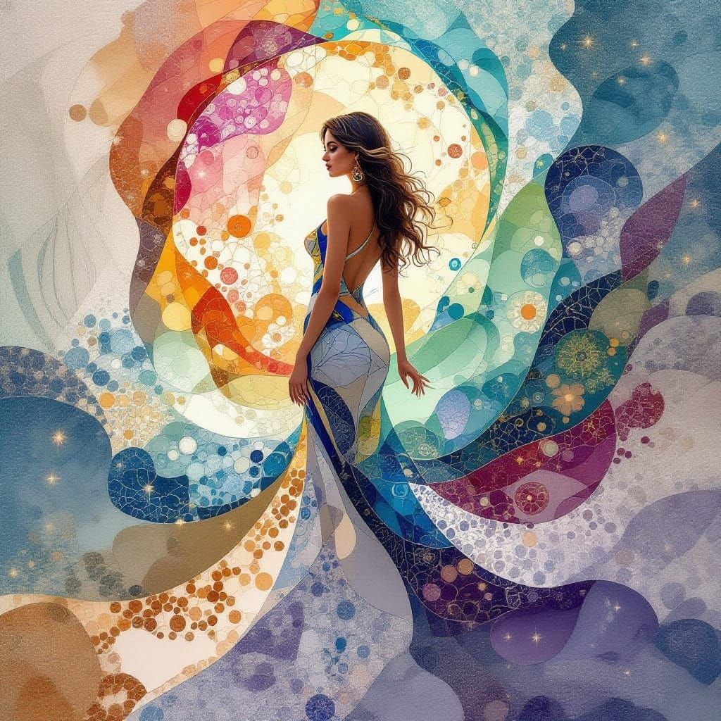 Surreal Goddess Emerges from Vibrant Glass Mosaic