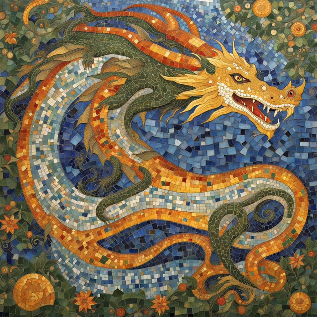 Dragon Mosaic in Gustav Klimt Style
