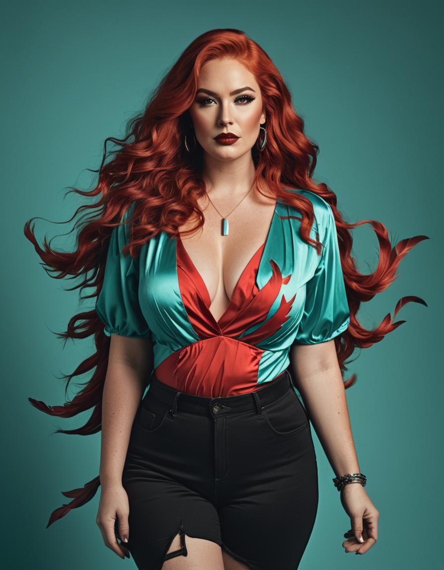 Red Haired Woman in Feather Top, Synthwave Style