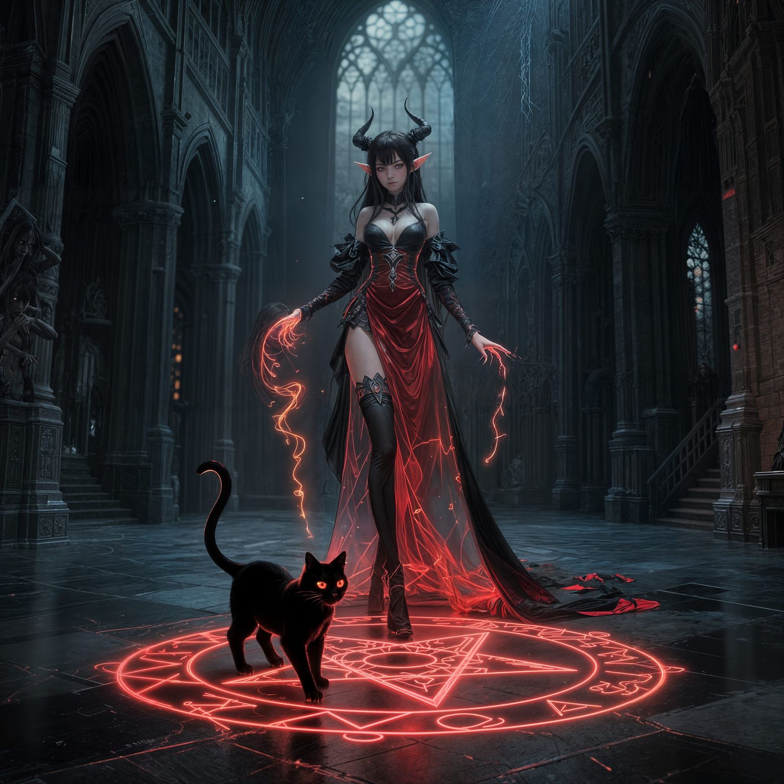 Gothic Priestess Summons Neon Cat in Cathedral