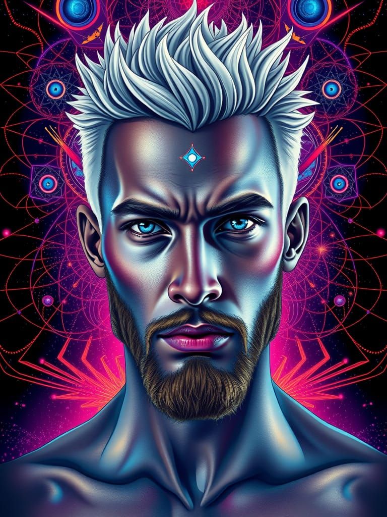 Striking Male Model in Psychedelic Cosmic Illustration