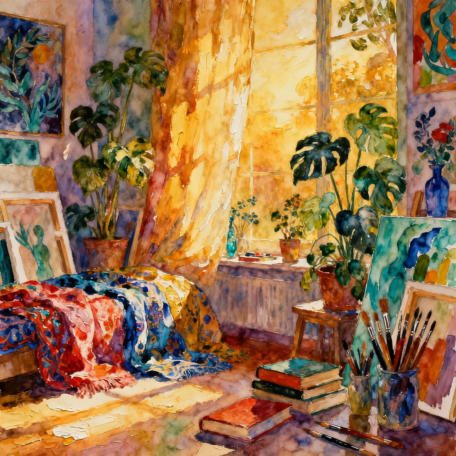 Maximalist Studio in Golden Hour Light - Gouache Watercolor