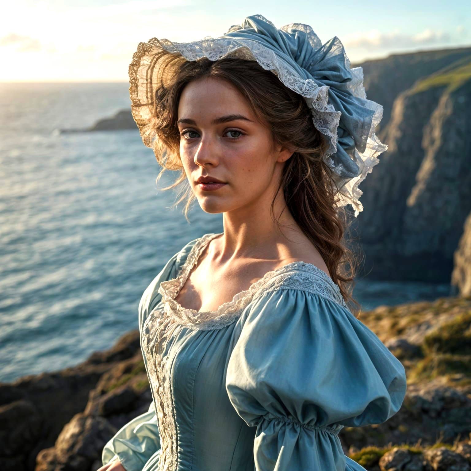 Regency Woman on Windy Cliff by the Sea