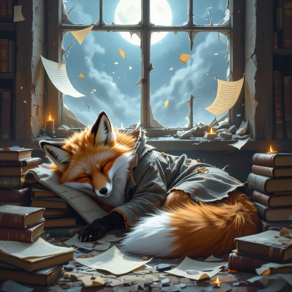 Fox Sleeps in Abandoned Library with Glowing Papers