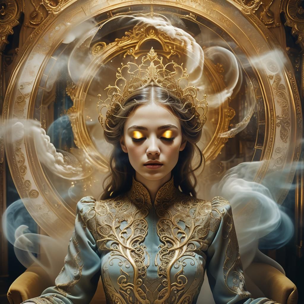 Ethereal Woman in Ornate Room: Surrealist Portrait