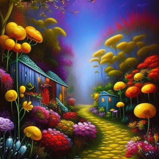 Detailed Floral Fantasy in Mixed Media Style