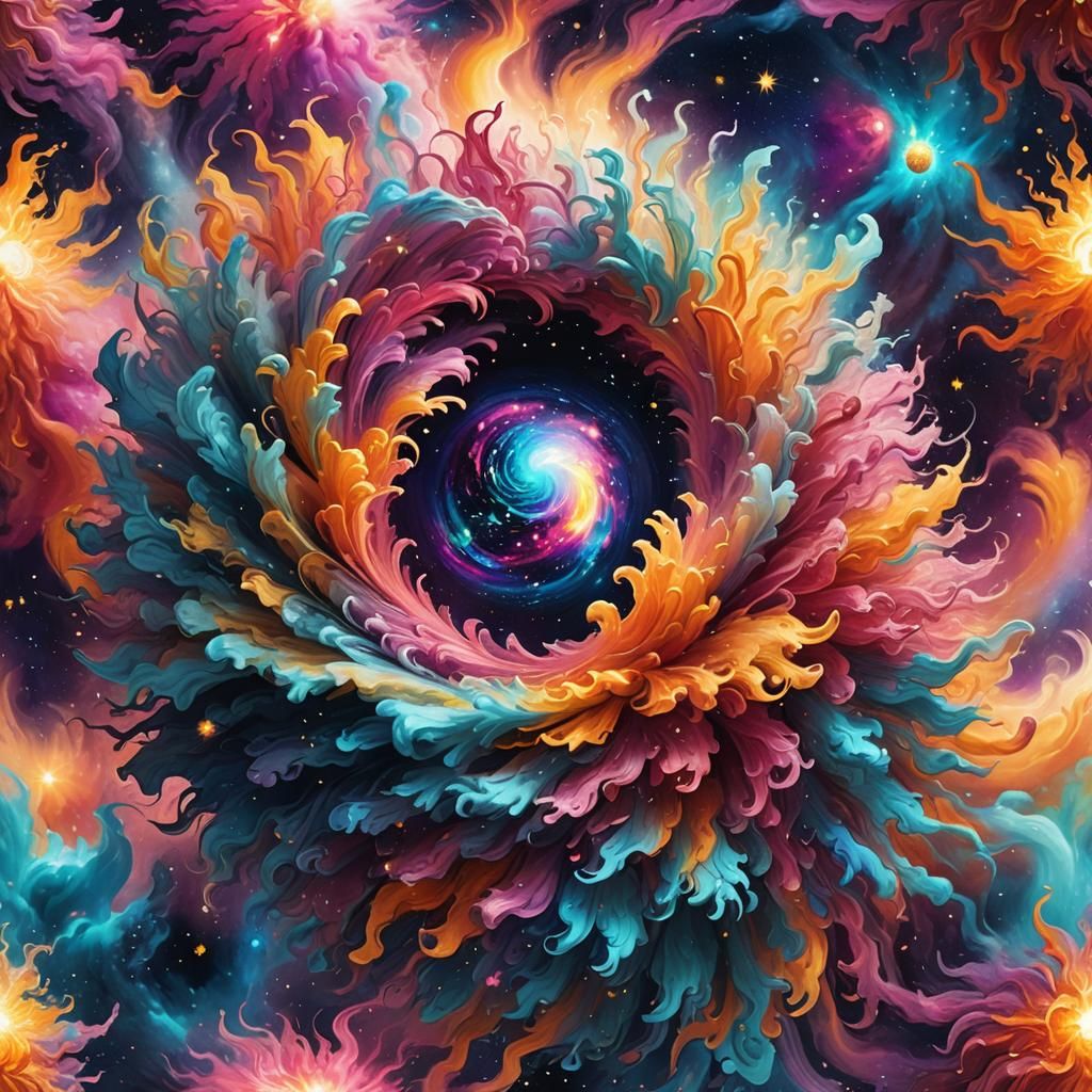 Smiling Fluff Ball in Swirling Cosmic Dreamscape
