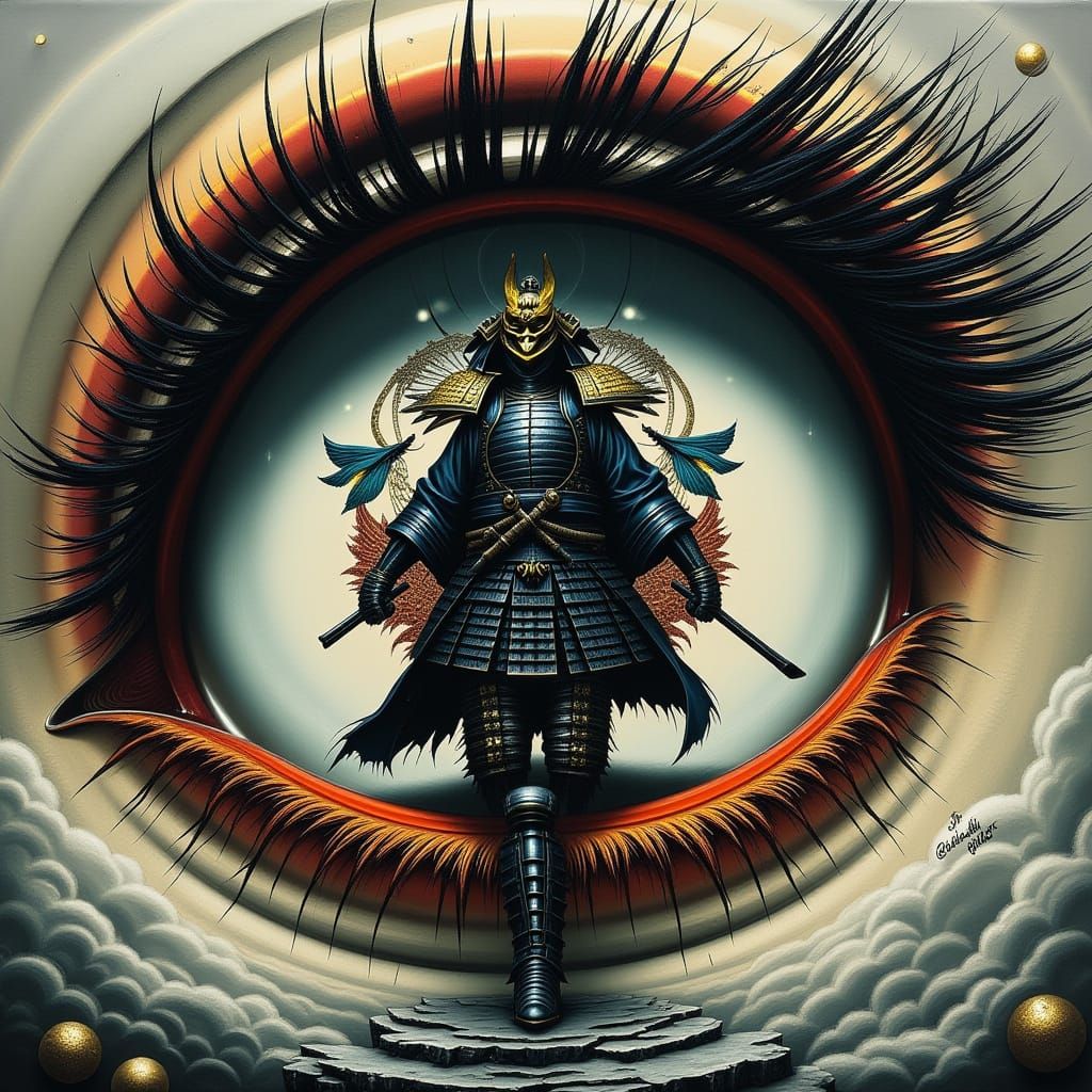 Samurai in a Giant Eye: Cyberpunk Ukiyo-e Fusion