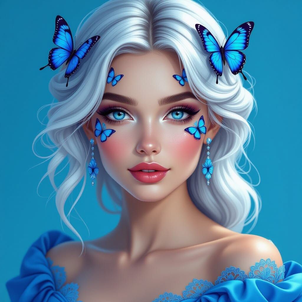 Woman With White Hair, Blue Eyes, and Butterfly Tattoos