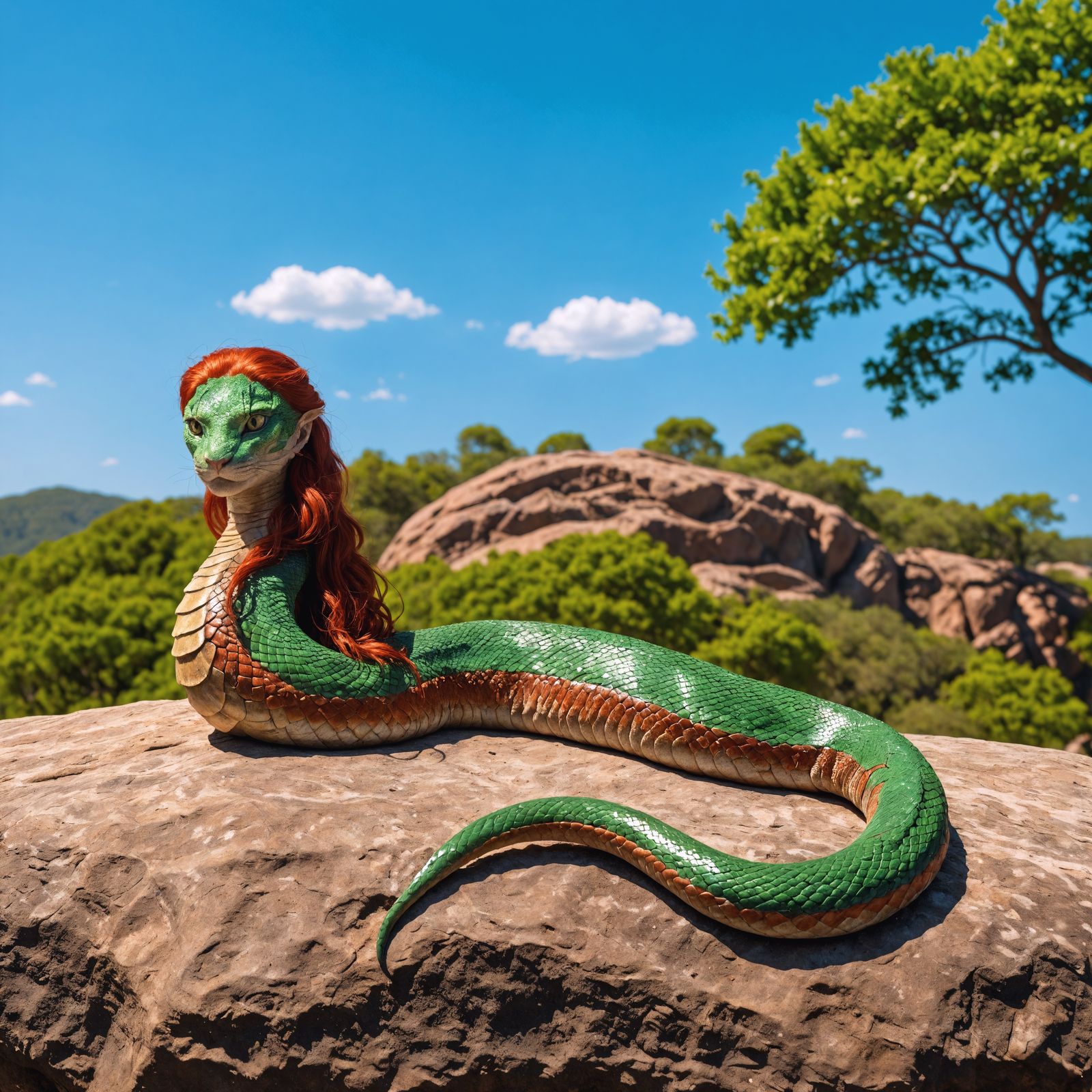 Vibrant Red-Haired Lamia Resting on a Rock