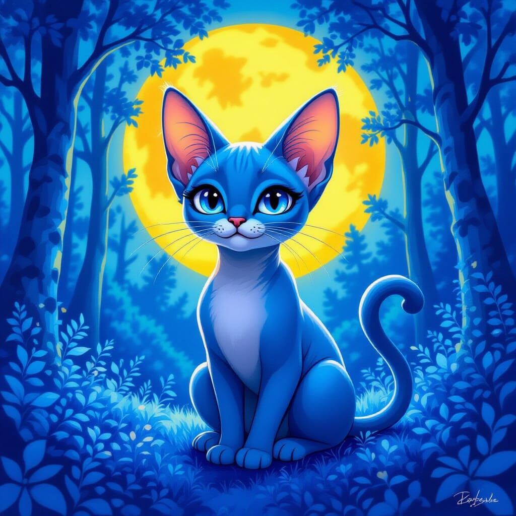 Blue Velour Sphinx Cat in Mystical Forest