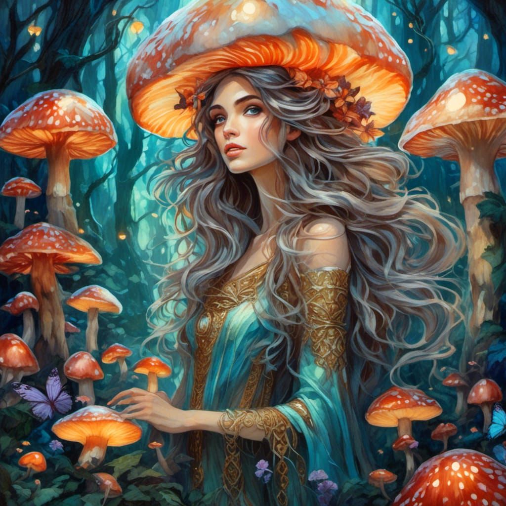 Fairy in Luminescent Mushroom Forest Watercolor