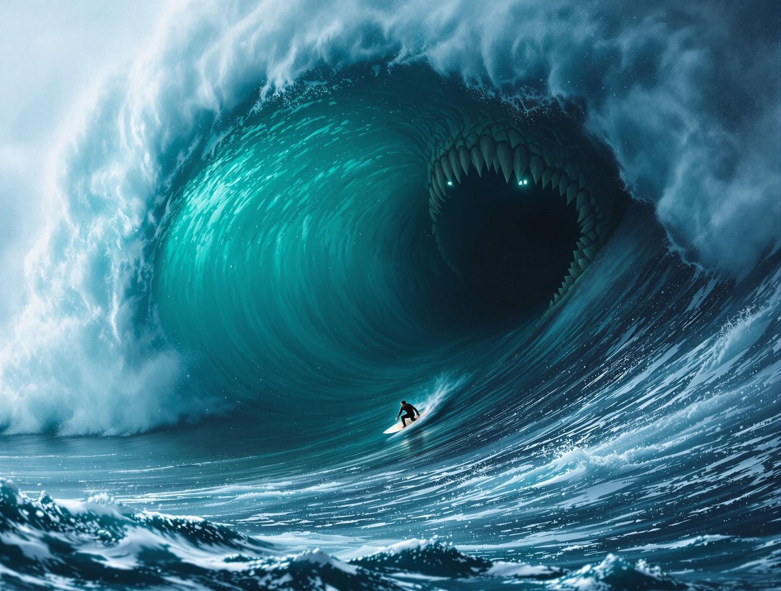 Cyberpunk Surfer Conquers a Glowing Sea Monster Wave