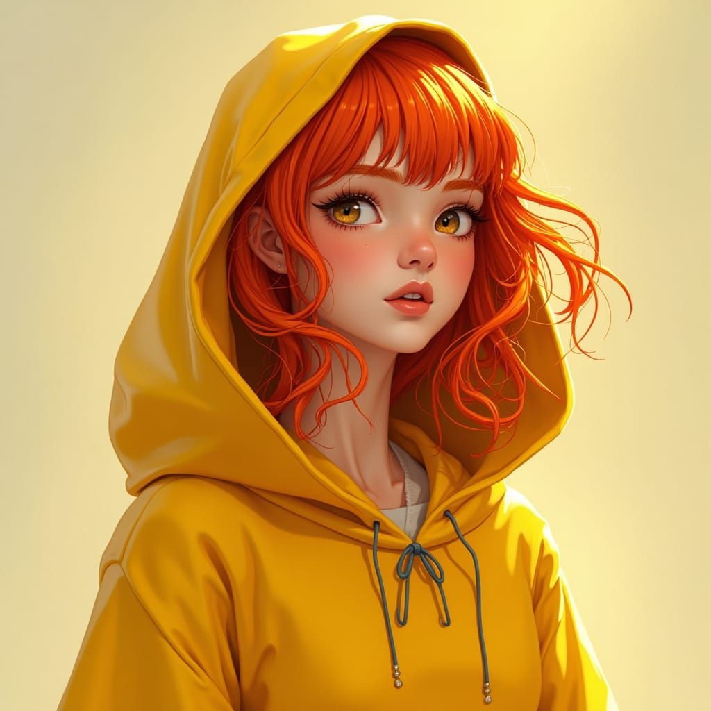 Young Woman in Vibrant Yellow Cloak with Fiery Red Hair