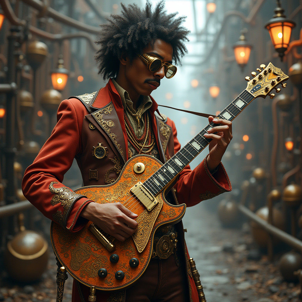 Jimi Hendrix in Steampunk Style with Ornate Guitar