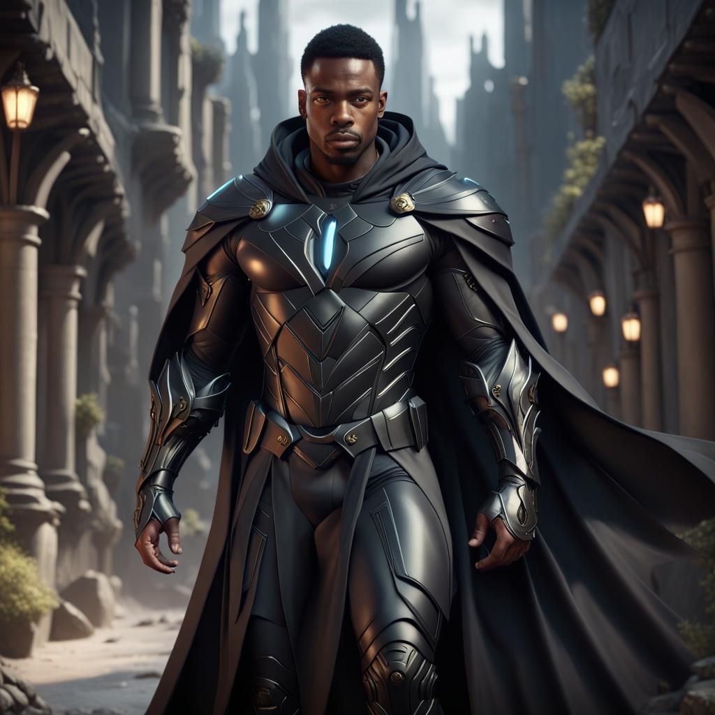 Armored Superhero in Black Cloak Concept Art