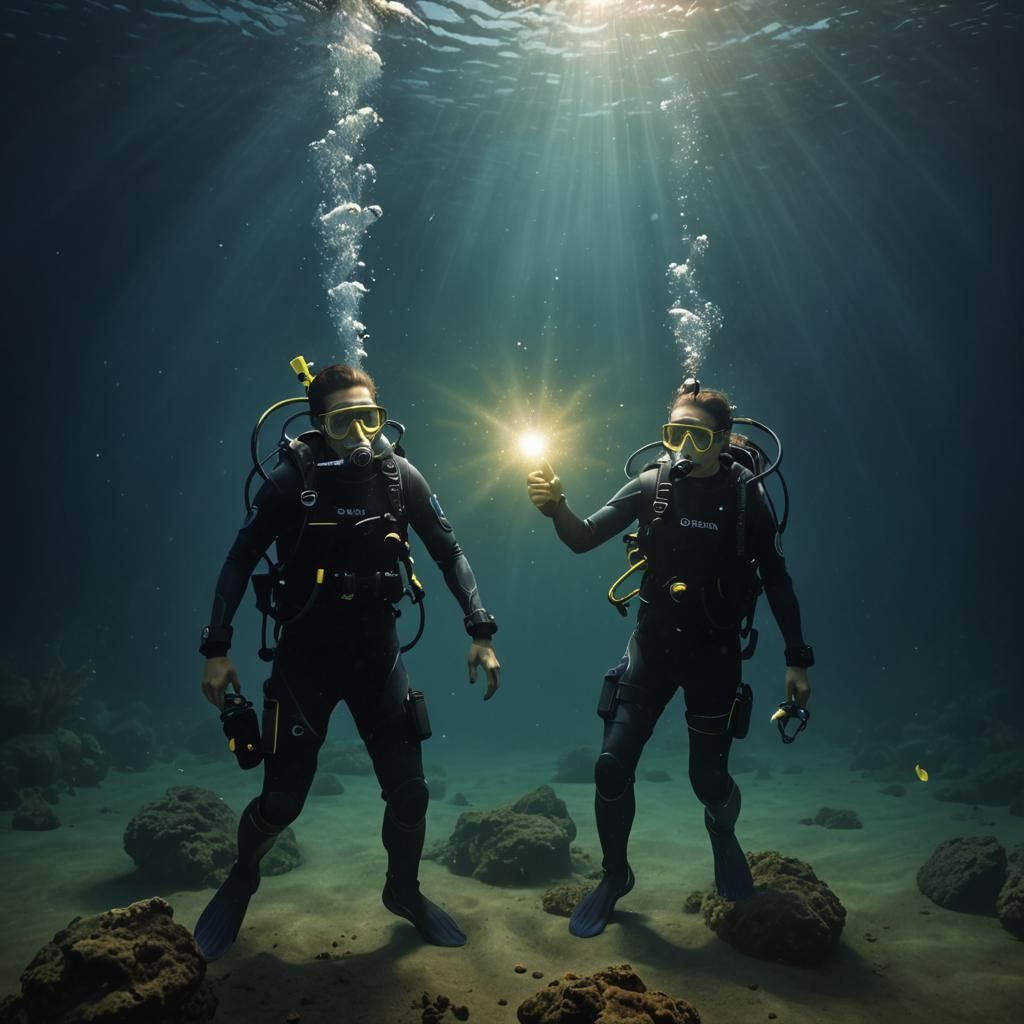 Scuba Divers Explore Dark Sea: Hyperrealistic Splash Art
