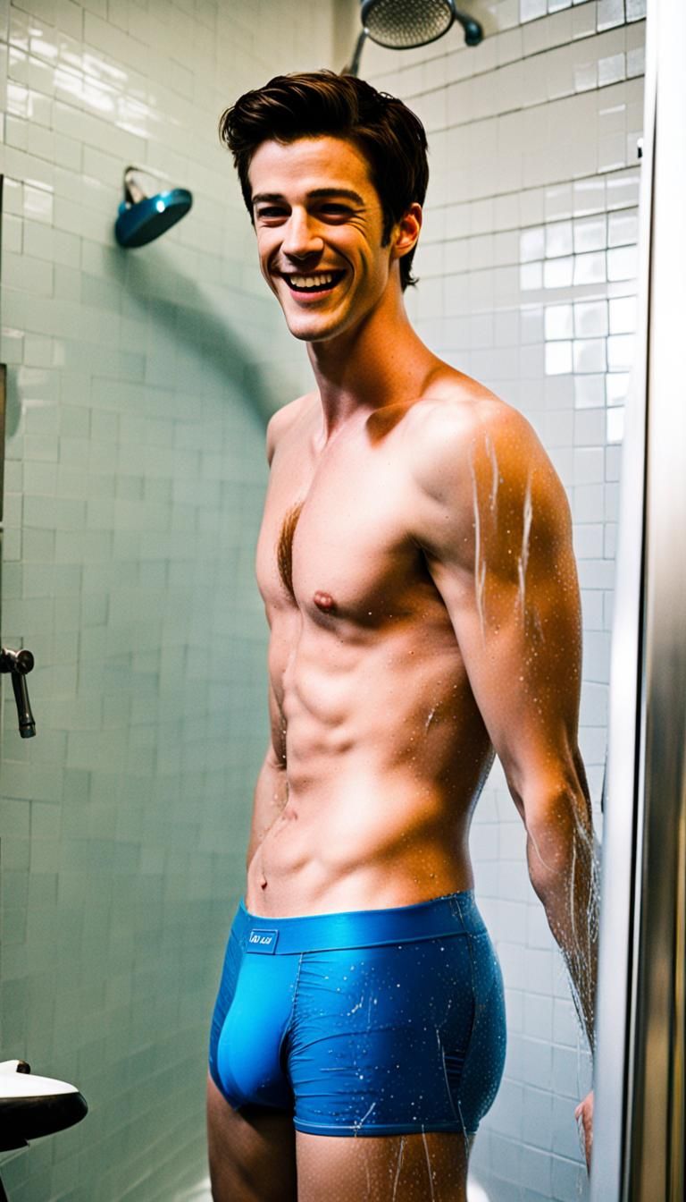 Man in Blue Briefs in Shower