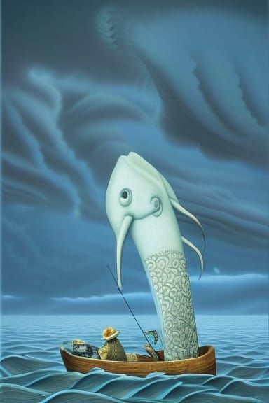 Marlin Boat Fishing for Squid in Surreal Style