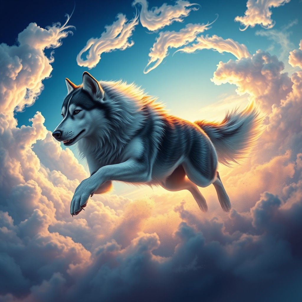 Majestic Husky Sprints Through Cloud Vortex