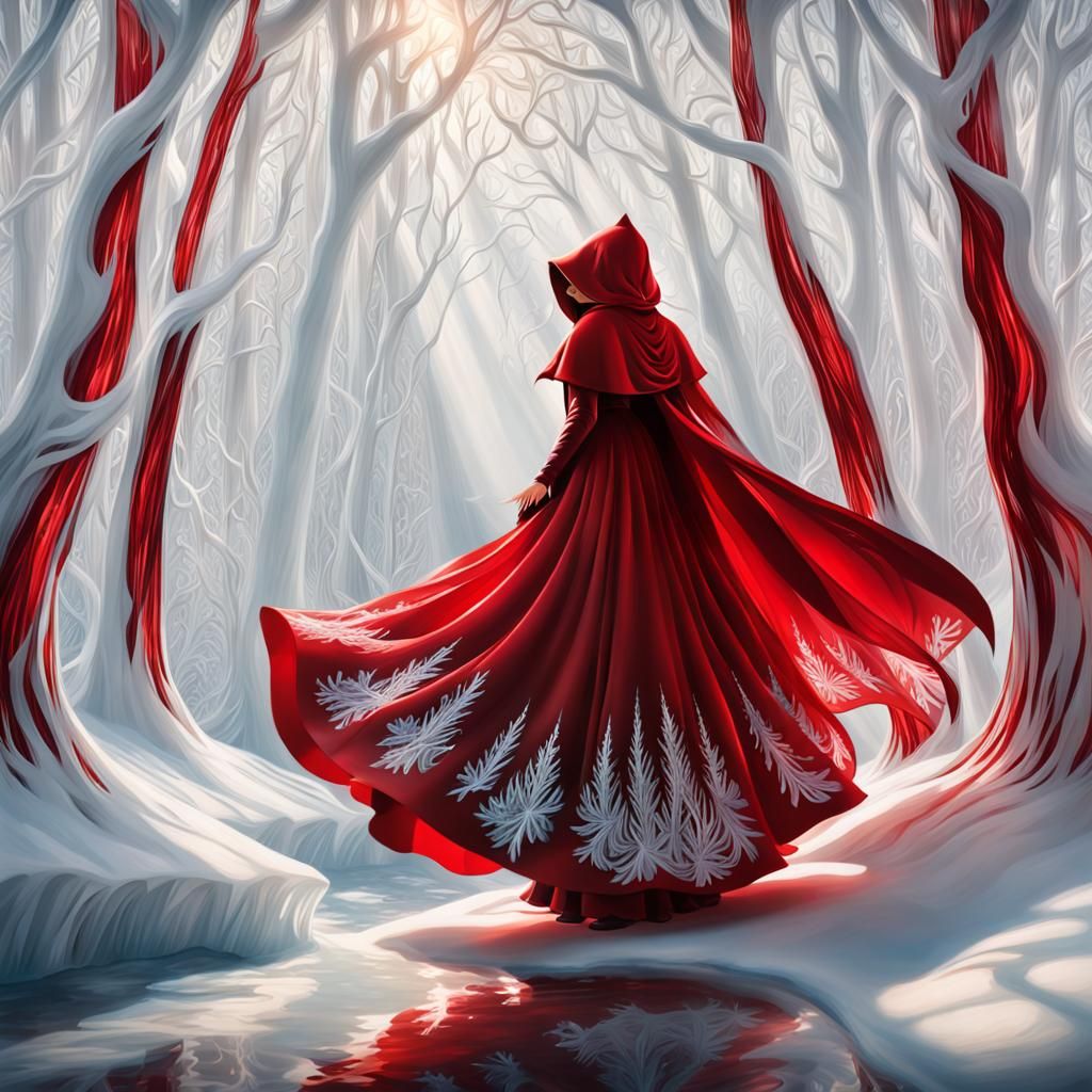 a  sculpted ice Red Riding Hood bathed in radiant sunlight