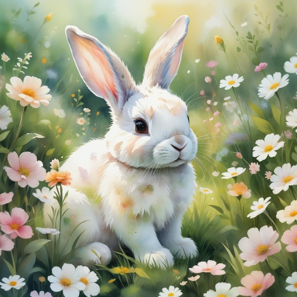Giant Baby Rabbit in Watercolor Meadow