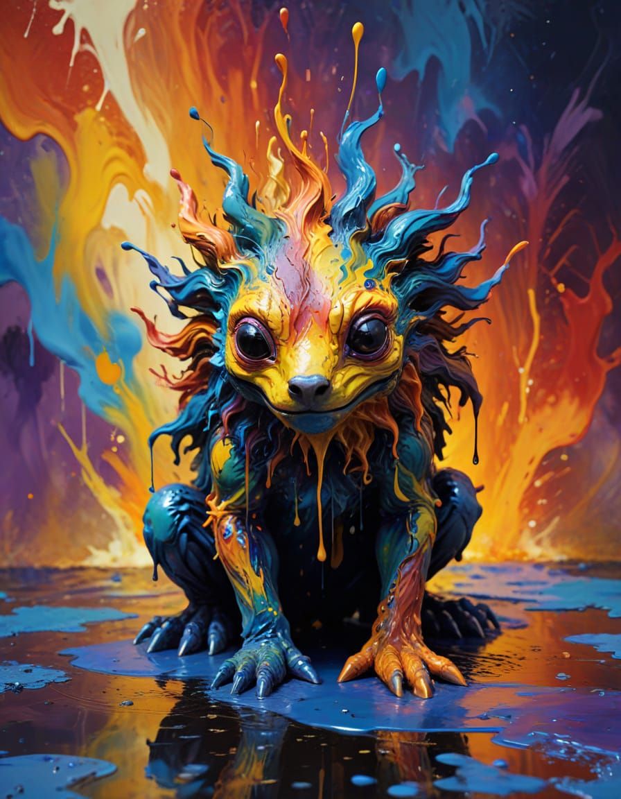Vibrant Surrealist Creature Emerge from Oil Paint Pond