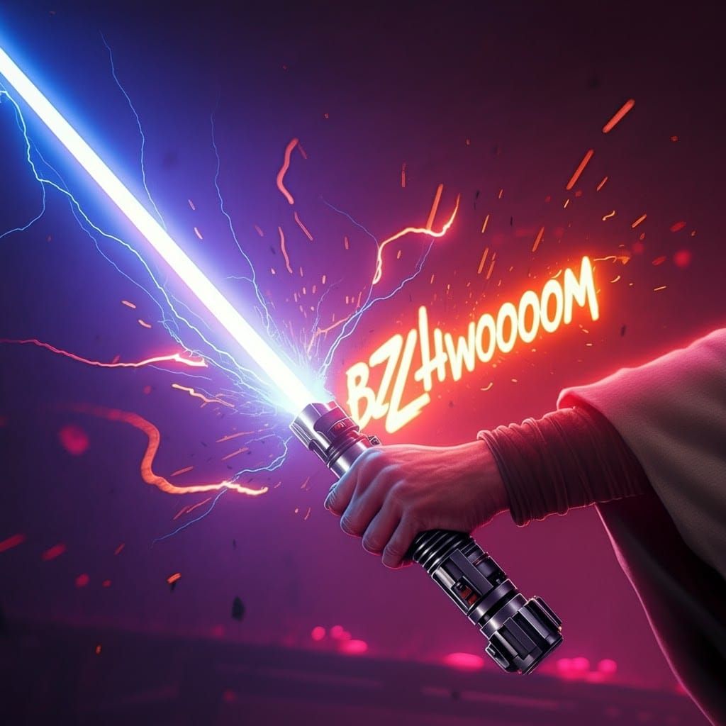 Jedi Lightsaber Ignites in Futuristic Cyberpunk Scene