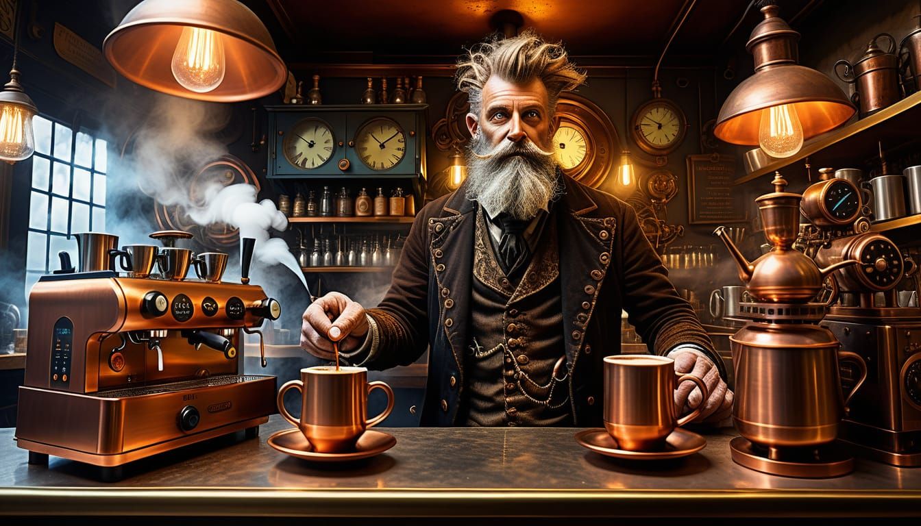 Steampunk God Woden Brews Coffee in Fog-Shrouded Bistro