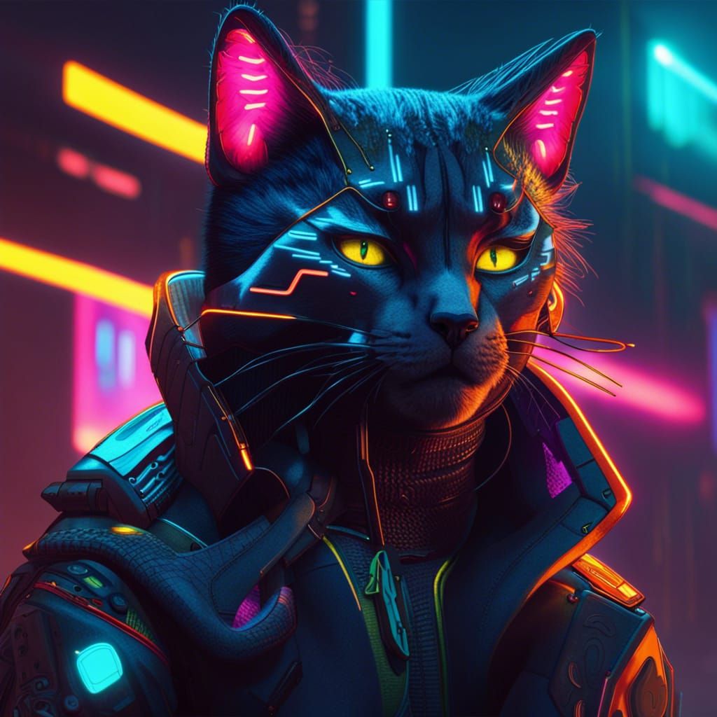 Cyberpunk Cat in Neon Cityscape