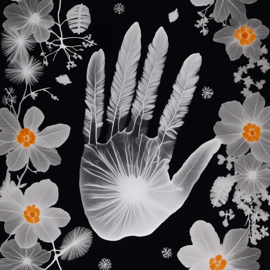 Surreal Photogram Handprint with Flowers and Feathers